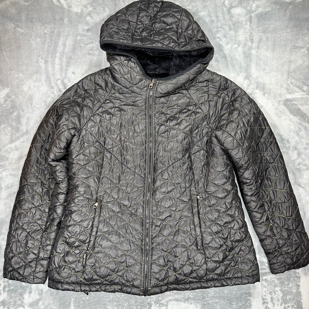 Steve Madden Womens XL Black Quilted Faux Fur Lined Hooded Puffer Jacket Gold